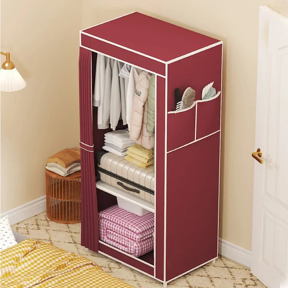 Clarify.pk dustproof fabric wardrobe in maroon with side pockets for clothes and accessories storage