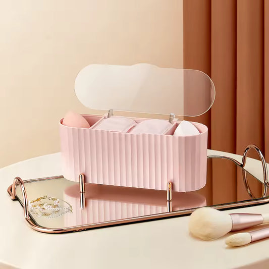 Clarify.pk pink dustproof makeup organizer box with clear lid and multiple compartments for beauty tools