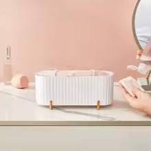 Clarify.pk dustproof makeup organizer box in white with compartments on vanity table