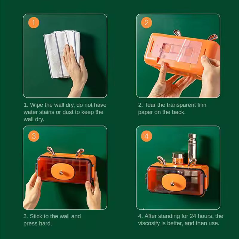 Step-by-step installation of a dustproof makeup organizer for wall showing wiping, peeling, sticking, and usage
