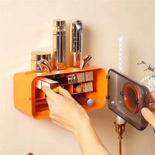 Orange dustproof makeup organizer for wall by Clarify.pk showing multiple makeup items inside