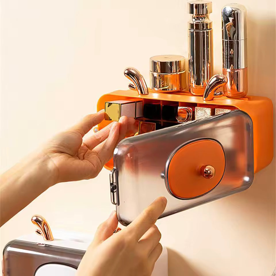 Clarify.pk dustproof makeup organizer for wall in orange with clear cover holding cosmetics