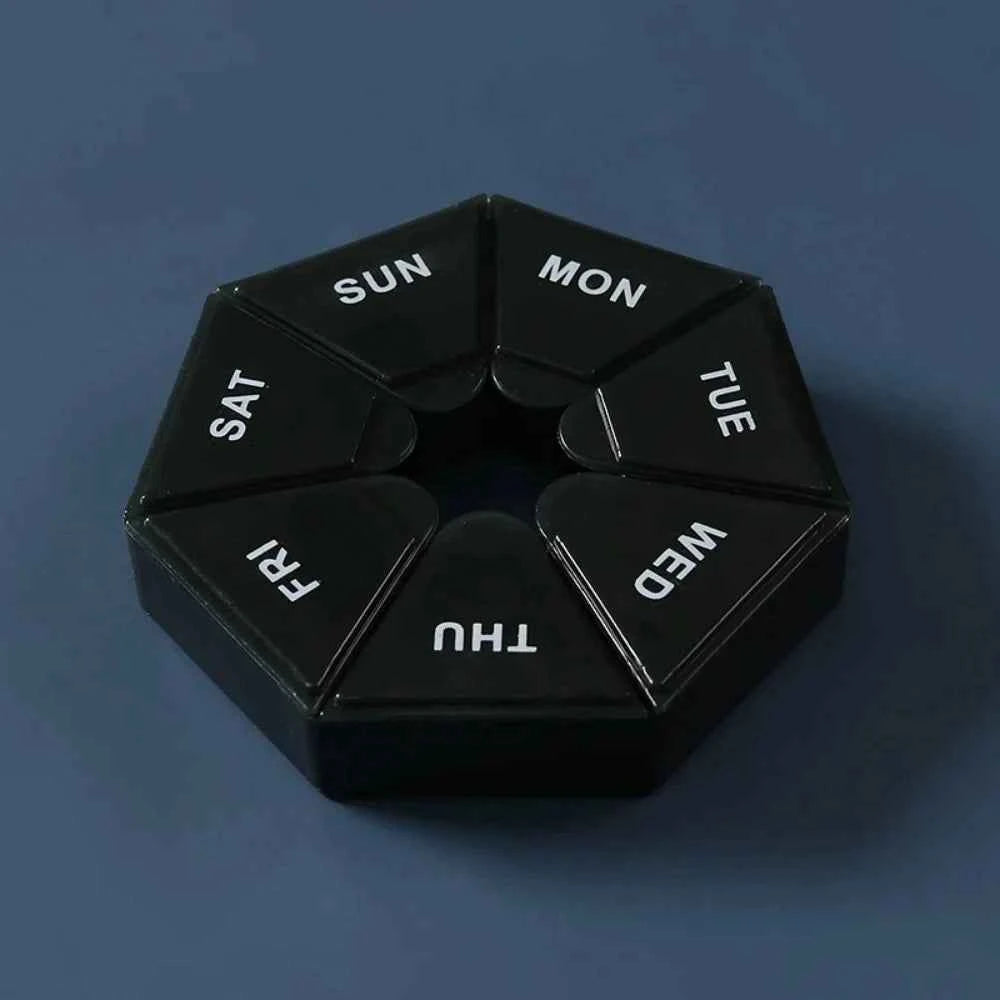 Dustproof travel pill case with seven compartments for weekly organization of medication