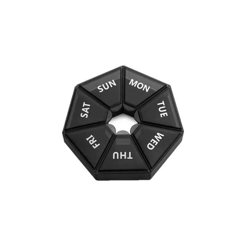 Dustproof travel pill case with seven compartments labeled for each day of the week