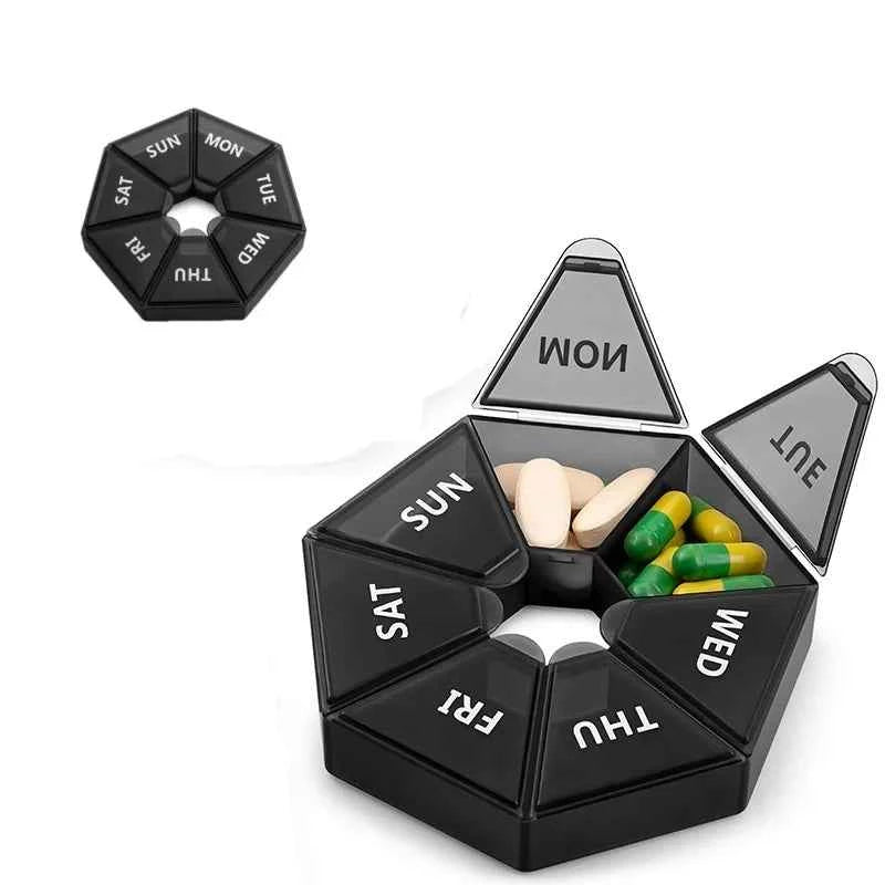 Black dustproof travel pill case with seven compartments for daily medication organization