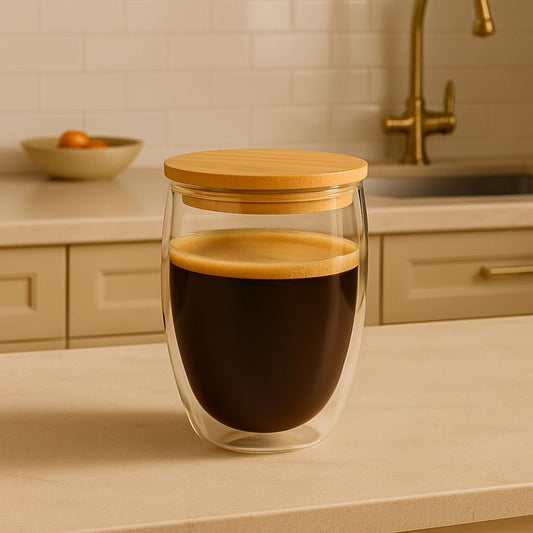 Double-Walled Glass Coffee Cup with Wooden Lid – Premium