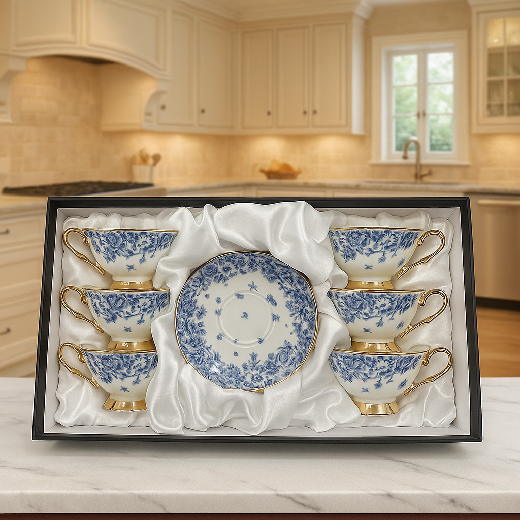 Ceramic 6 Pcs Cup & Saucer Set – Blue Rose Floral Gold Handle Design