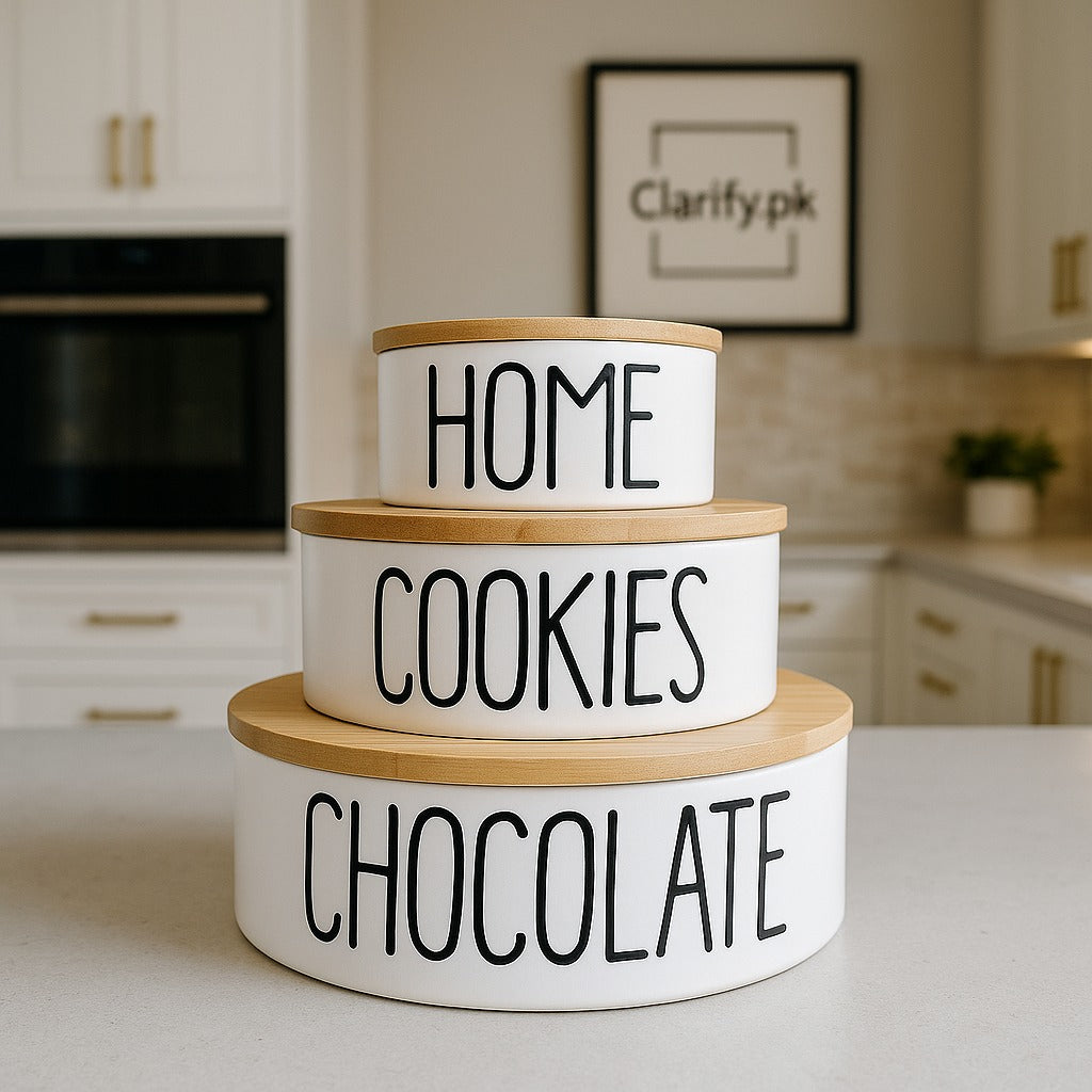 Premium Ceramic Jar Set with Wooden Lids – Modern Kitchen Storage