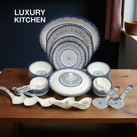 Elegant 68 PCS Melamine Dinnerware - Classic Blue Mandala Style