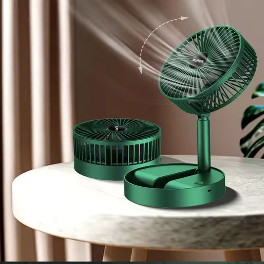Clarify.pk mini foldable fan for dormitory in green showing adjustable tilt and compact foldable design