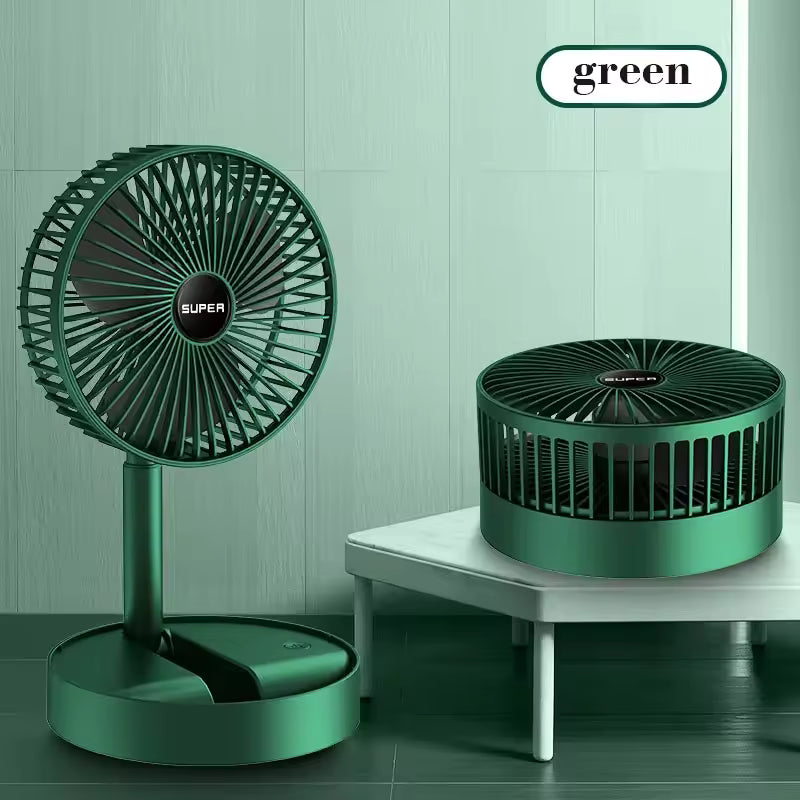 Green mini foldable fan for dormitory with adjustable height and compact design by Clarify.pk