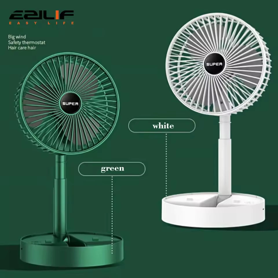 Clarify.pk mini foldable fan for dormitory in green and white colors with adjustable height and compact design