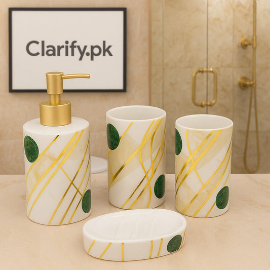4-Piece White Ceramic Bathroom Set – Gold Lines & Green Accents