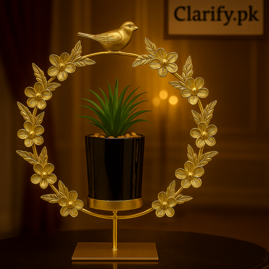 Golden Bird Floral Circle Metal Plant Pot - Luxury Home Décor