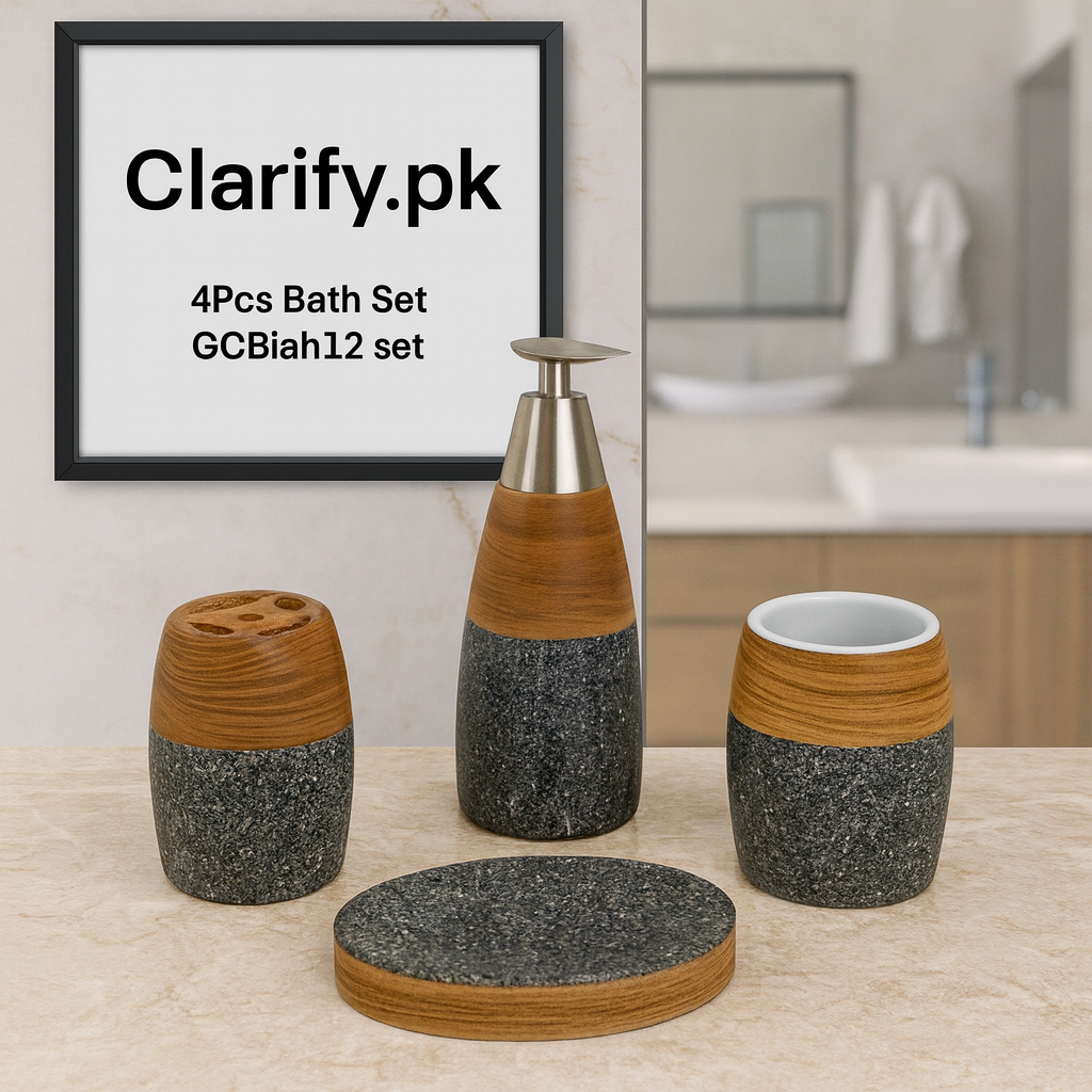 4Pcs Premium Bath Set – Wooden & Stone Finish Bathroom Accessories
