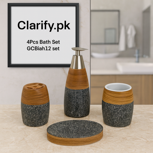 4Pcs Premium Bath Set – Wooden & Stone Finish Bathroom Accessories