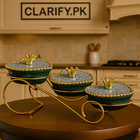 Premium Heart Ceramic Jar Set – Golden Stand with Crown Tops