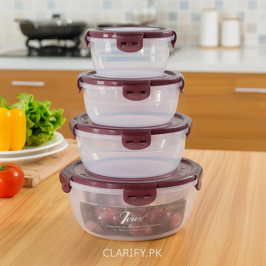 4pcs Round Airtight Storage Containers – Premium Plastic with 4-Sided Locks