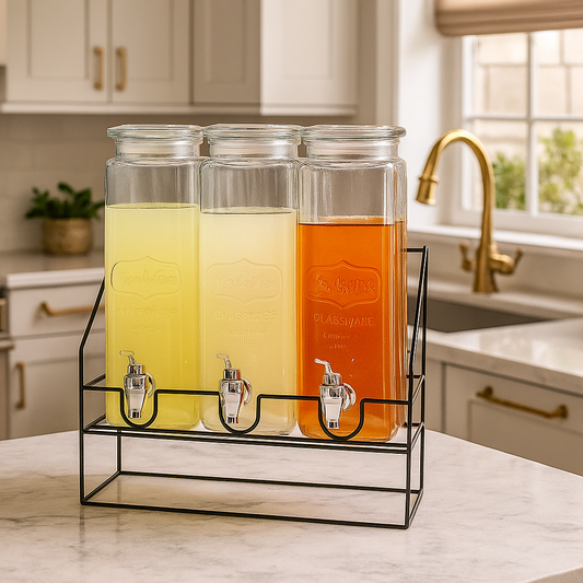 3 Jar Glass Beverage Server - Stylish Drink Dispenser