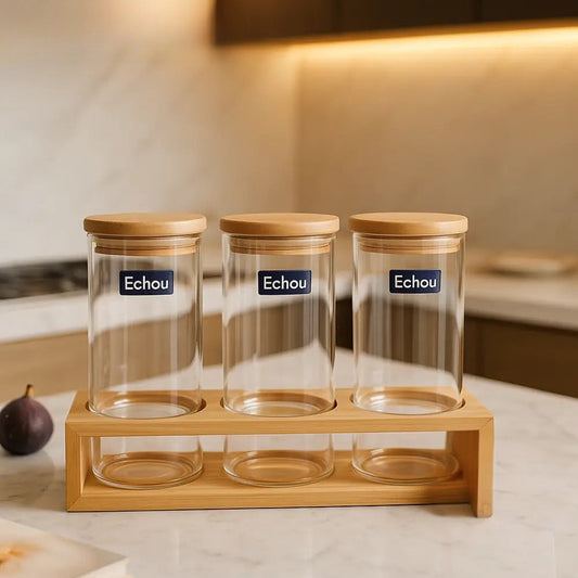 Echou airtight glass jar set with wooden lids and bamboo stand for kitchen storage