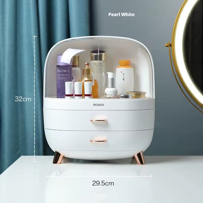 Clarify.pk dustproof waterproof makeup organizer in pearl white with clear cover and two drawers