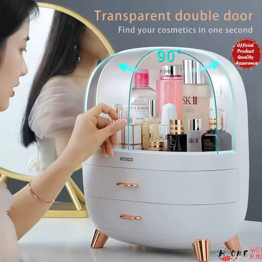 Clarify.pk dustproof waterproof makeup organizer with transparent double door and rose gold accents