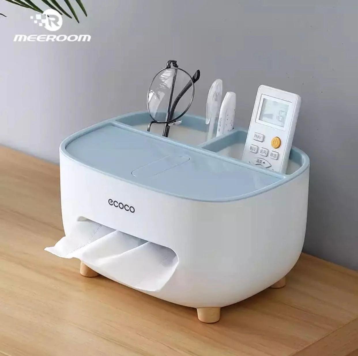 Ecoco tissue box holder in white with blue top and compartments for glasses and remote control