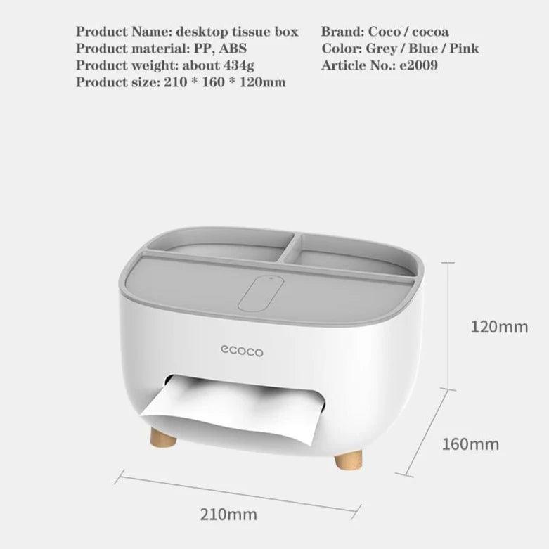 Grey Ecoco tissue box holder with compartments and wooden legs for desktop organization