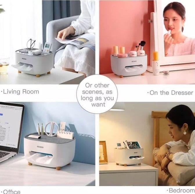 Ecoco tissue box holder in white shown in living room, dresser, office, and bedroom settings for organized storage