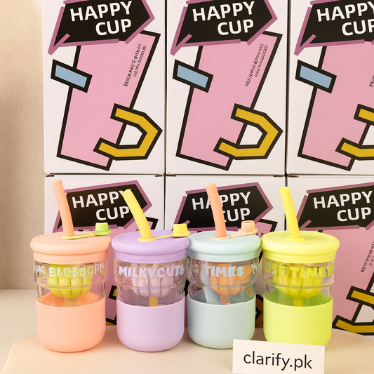 Happy Glass Cup with Flower Lid & Straw – Cute Portable Drinking Cup
