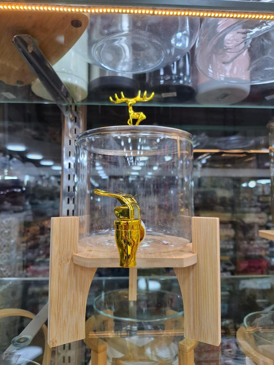 Round Glass Beverage Dispenser - Golden Tap & Wooden Stand