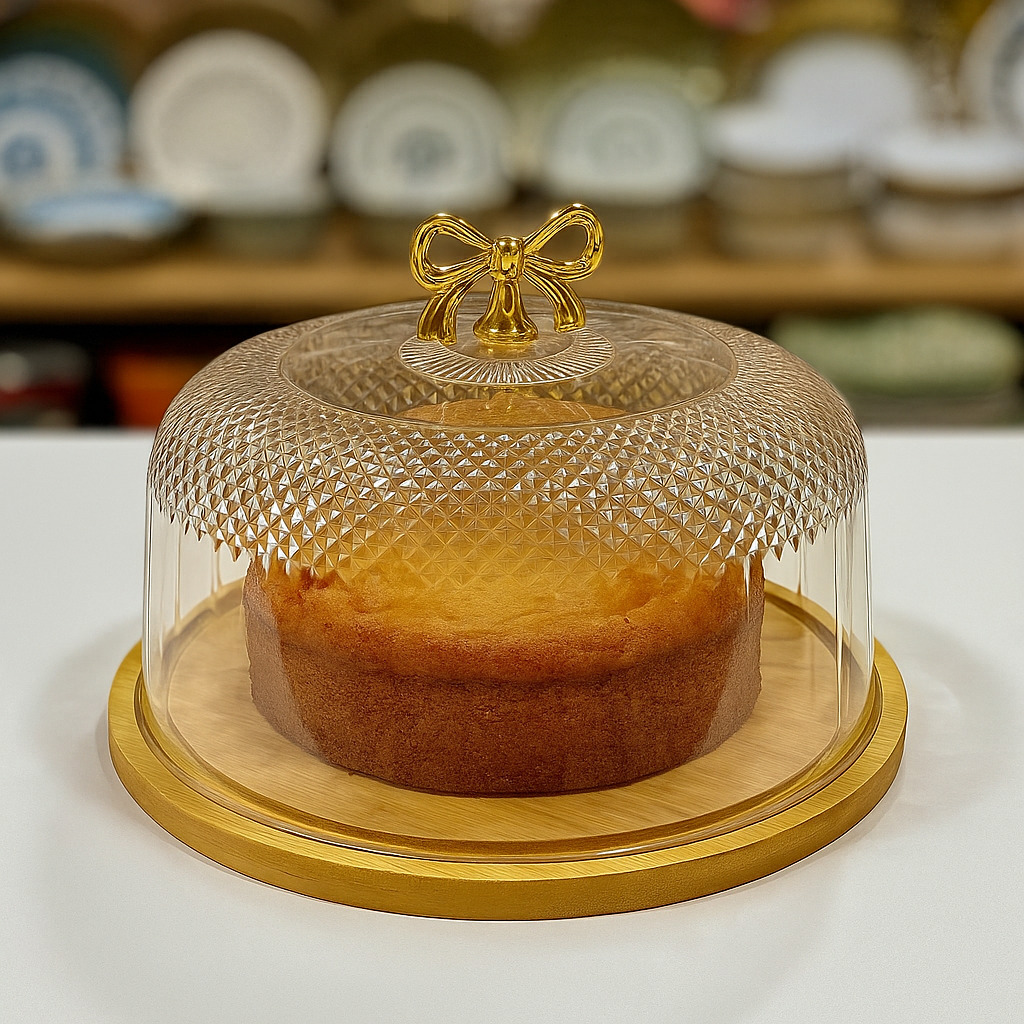 Cake Dish with Acrylic Cover – Bamboo Wooden Base