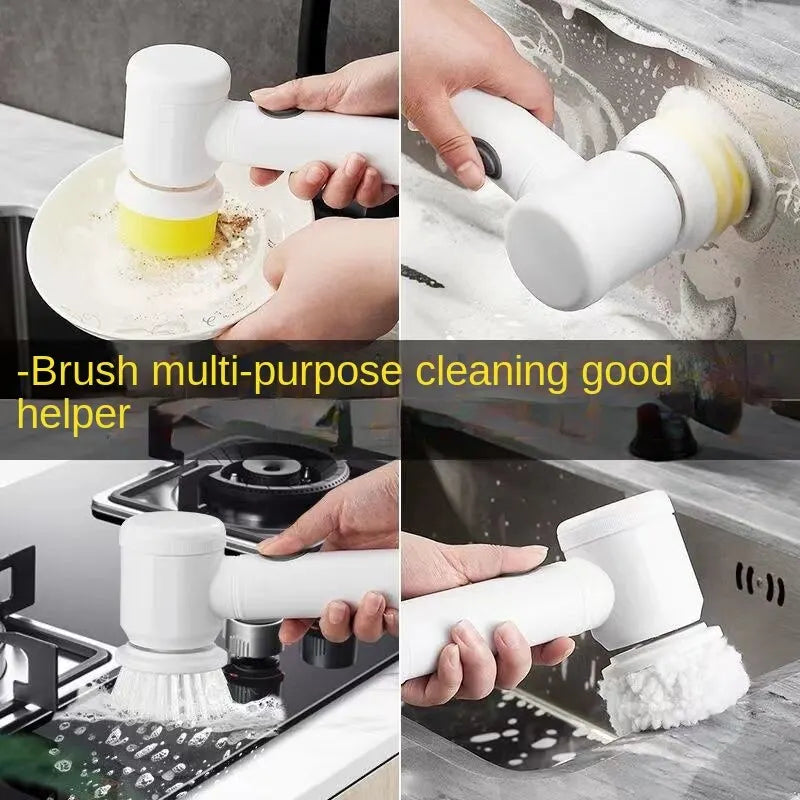 Clarify electric cleaning brush in white used for cleaning plates, kitchen sink, stove, and bathroom surfaces