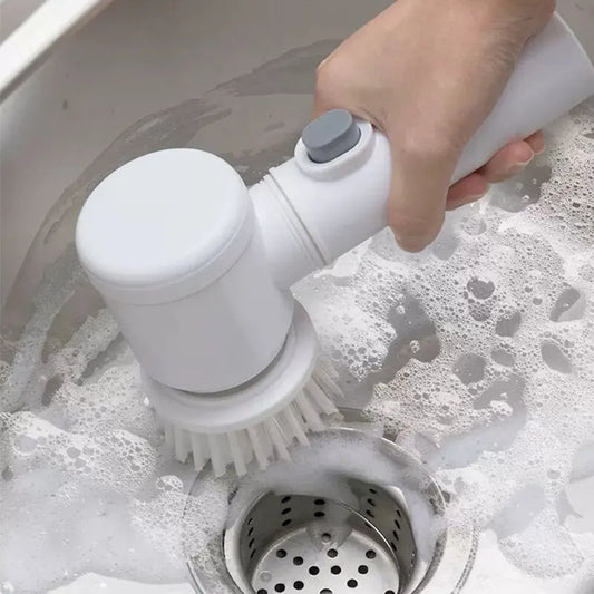 Clarify.pk electric cleaning brush scrubbing a sink drain with soap suds for household cleaning