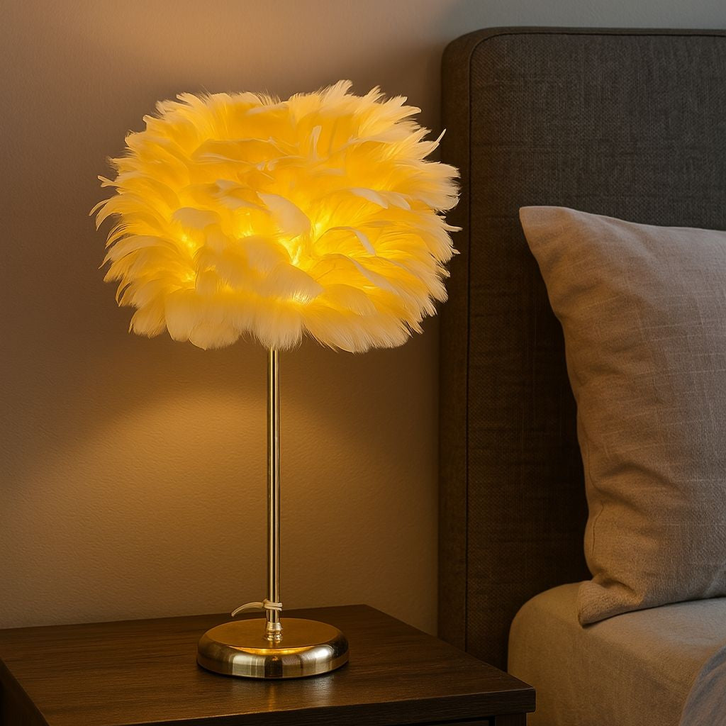 Clarify.pk electric feather lamp with warm yellow light on bedside table near bed
