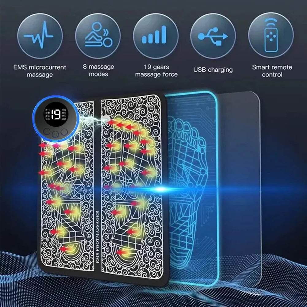 Electric foot massage pad for sore feet with EMS microcurrent, 8 modes, 19 gears, USB charging, and smart remote control
