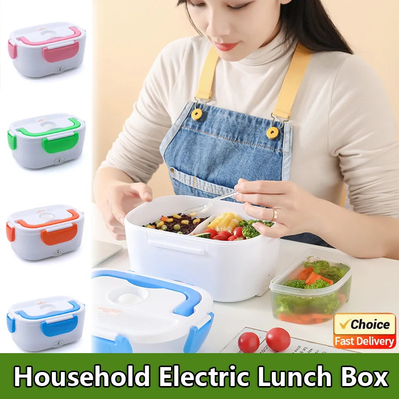 Woman using electric heated lunch box with multiple color options for warm meals