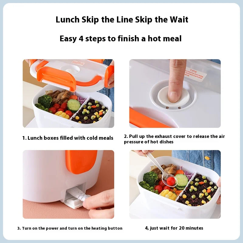 Clarify.pk electric heated lunch box showing step-by-step use to warm meals with orange lid and heating button