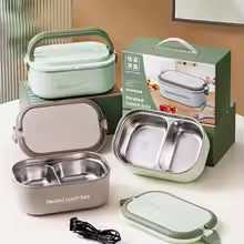 Clarify.pk electric lunch box with stainless steel compartments and detachable lid for easy heating and portability
