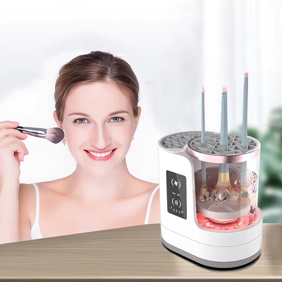 Clarify.pk electric makeup brush cleaner for women with modern design holding makeup brush near smiling woman