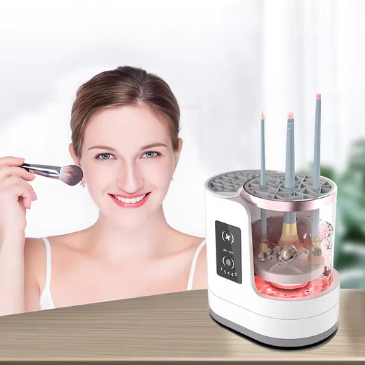 Clarify.pk electric makeup brush cleaner for women with modern design holding makeup brush near smiling woman