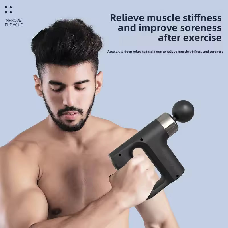 Man using electric muscle relaxation massager on shoulder to relieve muscle stiffness and soreness