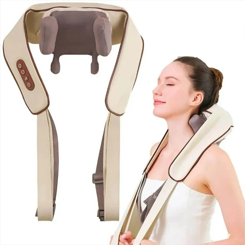 Clarify.pk electric neck and shoulder massager in beige with control buttons and woman using it for relaxation