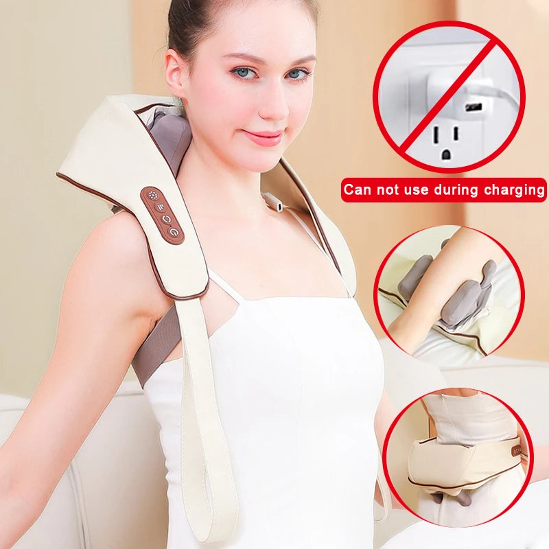 Woman using Clarify electric neck and shoulder massager in beige for muscle relaxation and pain relief