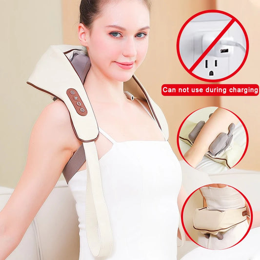 Woman using Clarify electric neck and shoulder massager in beige for muscle relaxation and pain relief