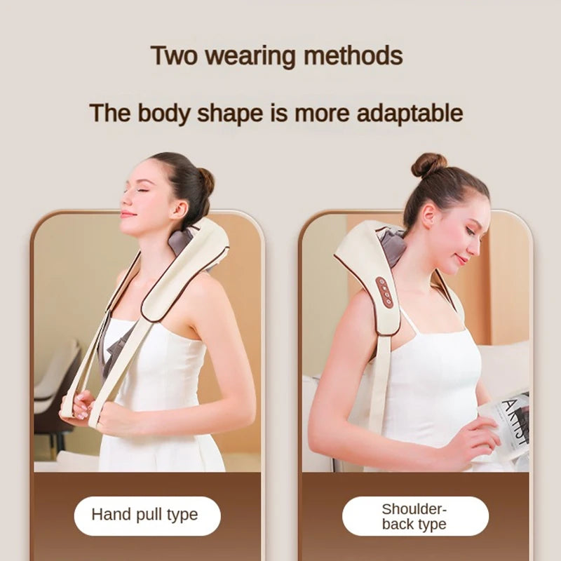 Electric neck and shoulder massager with two wearing methods shown on woman in white dress