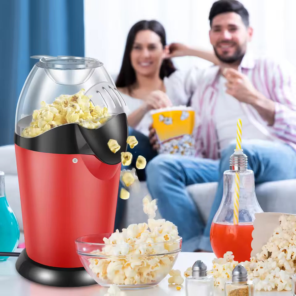 Willstar red electric popcorn maker machine popping fresh popcorn with couple enjoying snacks in background