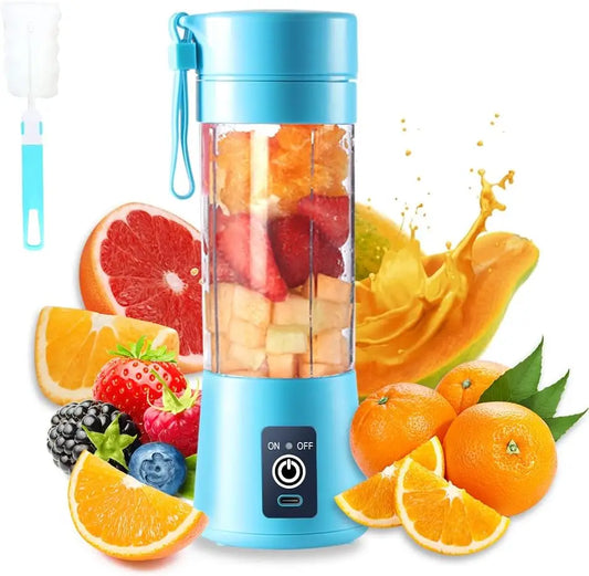 Blue Electric USB Juicer Blender filled with fresh fruit pieces and surrounded by citrus and berries