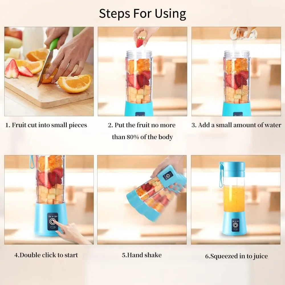 Step-by-step use of Electric USB Juicer Blender by Clarify.pk showing fruit cutting, loading, adding water, starting, shaking, and juice ready