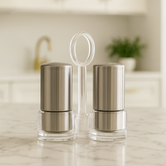 Clarify pk luxury salt and pepper shakers with holder stainless steel and clear acrylic on marble countertop